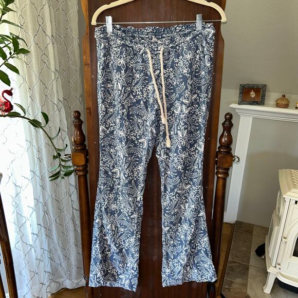 Roxy Pants - Roxy Women's Large Linen Blend Pants Blue beach flair Elastic Waist Boho